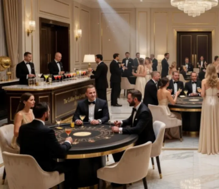 Montaż zdjęć z różnych eleganckich eventów casino i wieczorów pokerowych