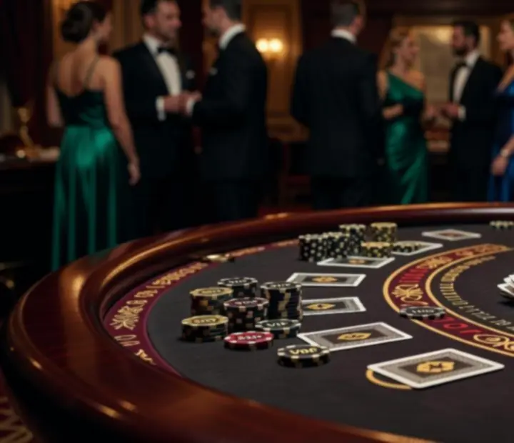 Dłoń krupiera rozdająca karty przy eleganckim stole z symbolicznymi żetonami podczas eventu casino