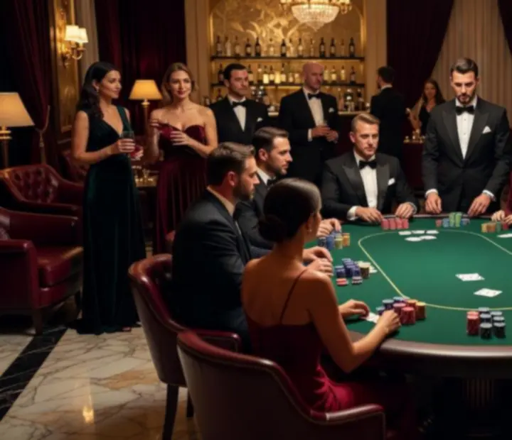 Elegancki wieczór pokerowy z profesjonalnie przygotowanymi stołami i gośćmi w stylowych kreacjach