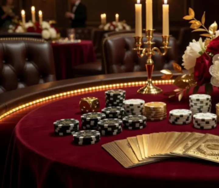 Stylizowane stoły casino z dekoracjami i nastrojowym oświetleniem na eleganckim evencie
