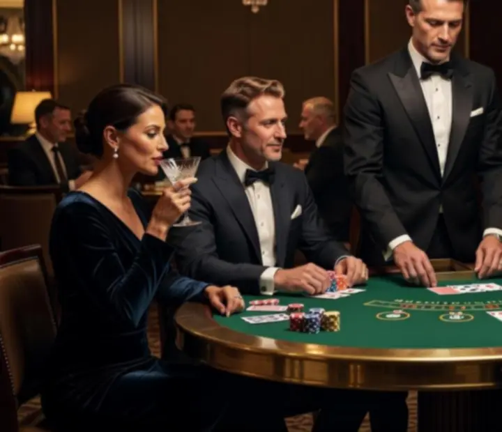 Profesjonalny krupier prowadzący grę przy eleganckim stole casino podczas eventu