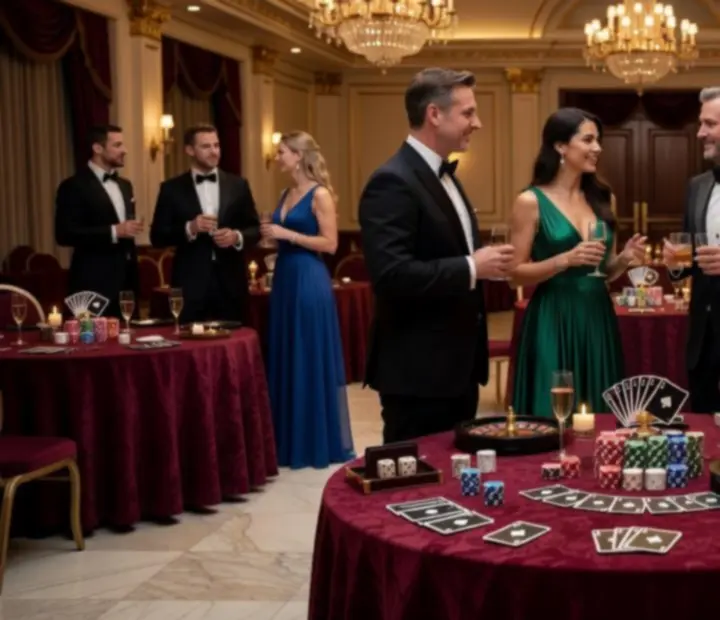 Wieczorny event casino w eleganckiej przestrzeni z oświetleniem i stołami do gier