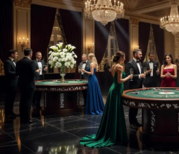 Elegancki event w stylu kasynowym z profesjonalnymi stołami i nastrojowym oświetleniem