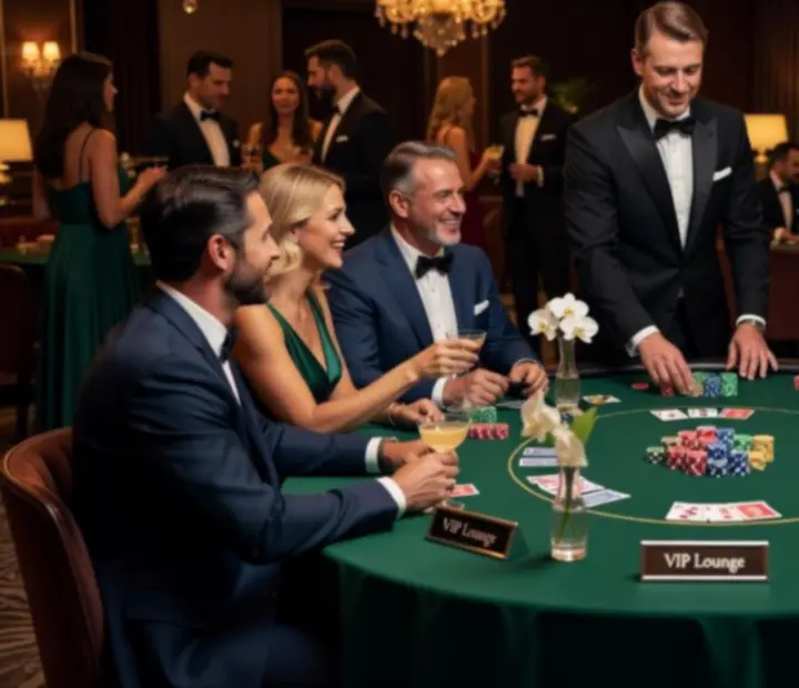 Interaktywny stół pokerowy podczas eleganckiego eventu z gośćmi bawiącymi się symbolicznymi żetonami