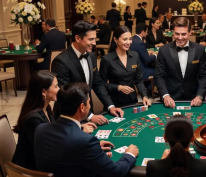 Profesjonalni krupierzy prowadzą rozrywkowe gry przy stołach casino na evencie firmowym