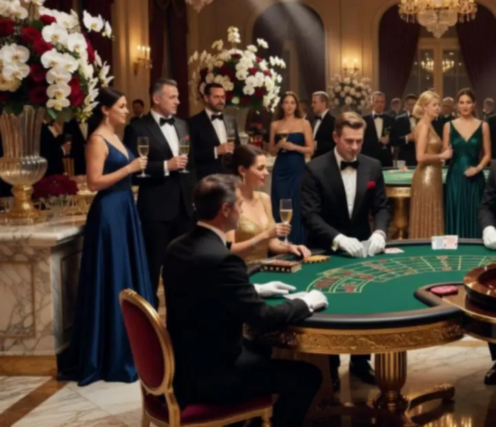 Ekskluzywna gala z rozświetloną strefą casino i eleganckimi gośćmi