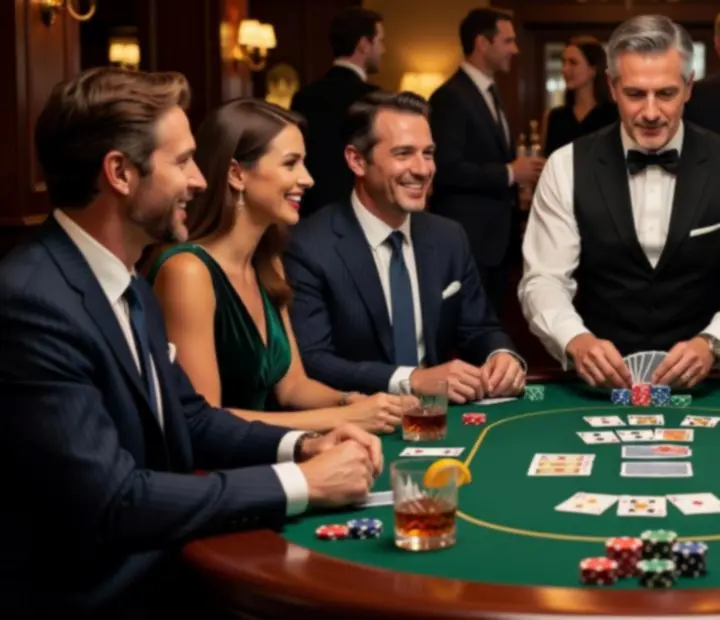 Goście rozmawiający i śmiejący się przy eleganckim stole pokerowym podczas integracyjnego wieczoru