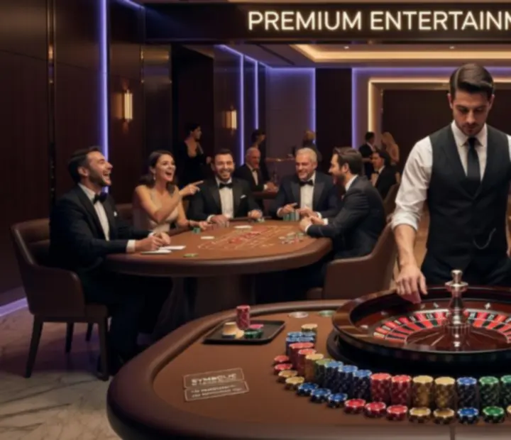 Stoły do pokera, ruletki i blackjacka przygotowane na elegancki wieczór