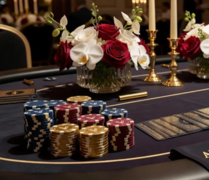 Perfekcyjnie zaaranżowany stół pokerowy z elegancką dekoracją i nastrojowym oświetleniem