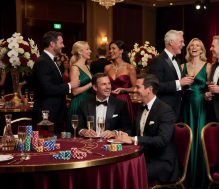 Eleganccy goście podczas wieczornego eventu casino z symbolicznymi żetonami