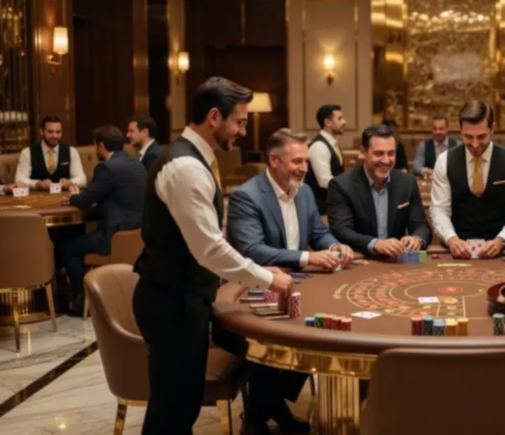 Elegancki wieczór team building z motywem kasyna, przy stołach pokerowych i ruletce